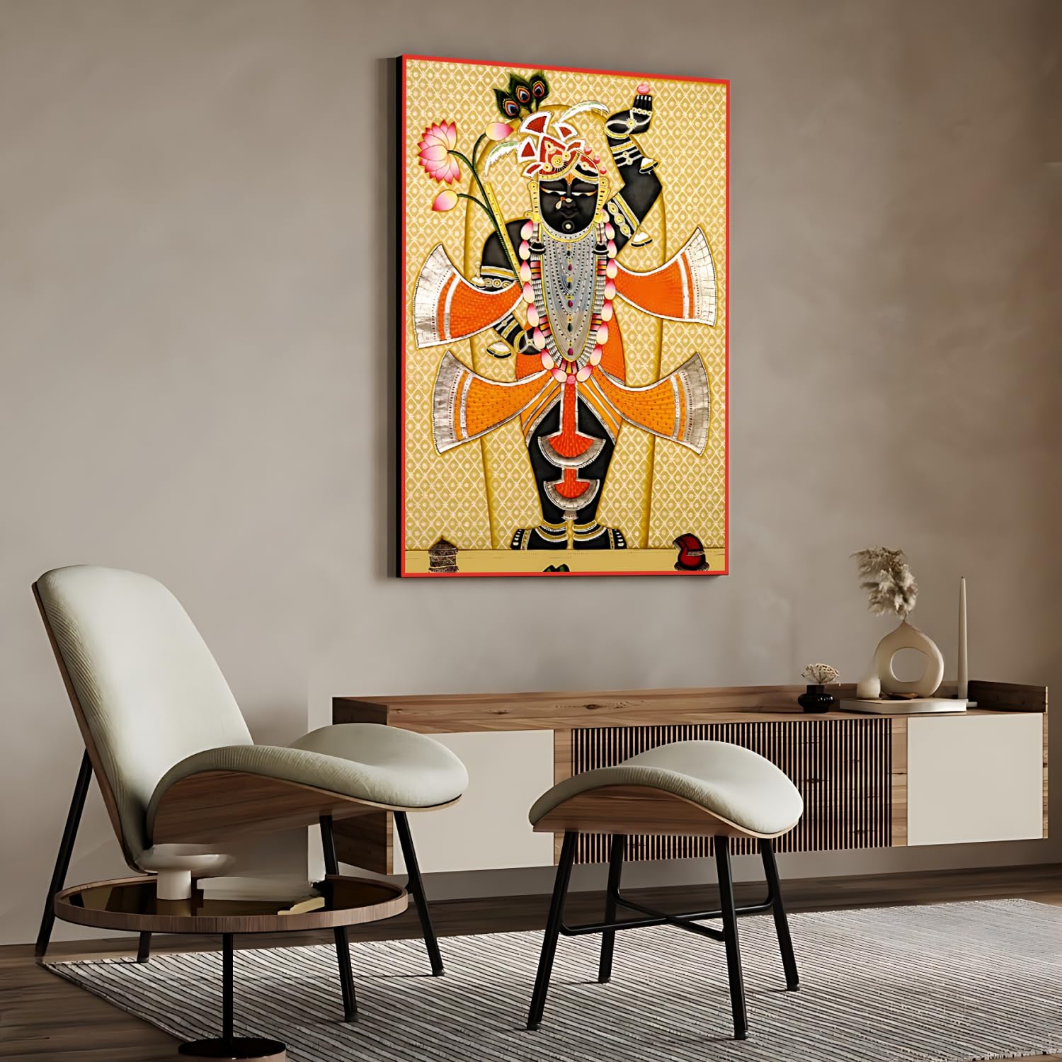 Chalk My Theme Shrinath Ji Orange Pichwai Wood Print Wall Art Home Decor, Living Room, Bedroom, Cafe, Room Painting For Wall Dec